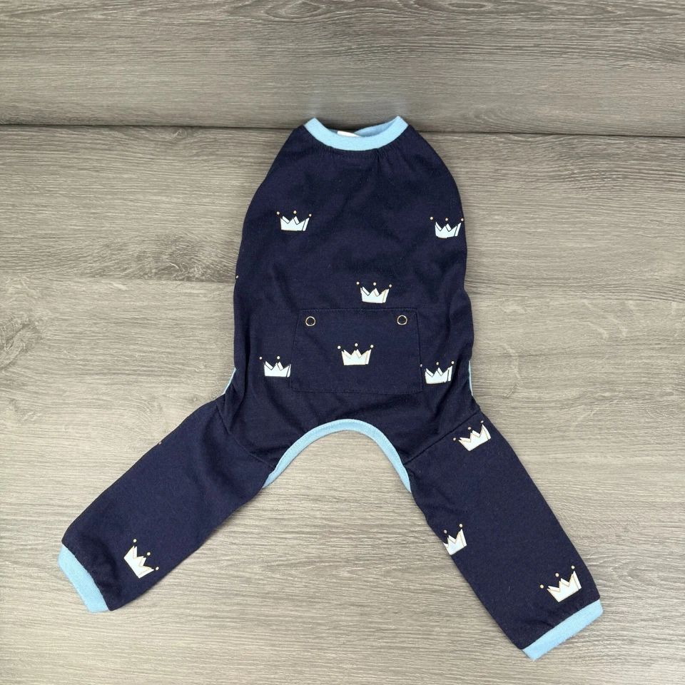 Top Paw Dog Pajamas Small Blue Crown Print Rear 2 Legged Dog Top w/ Snap Closure - Image 2 of 4