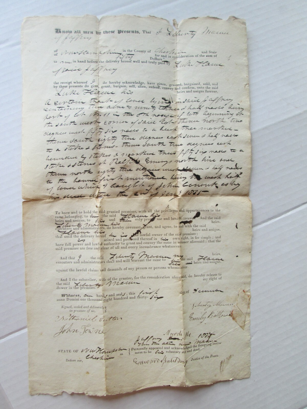 1836 LIBERTY MAUSER to LUKE HOWE DEED, JAFFREY CHESHIRE COUNTY, NEW