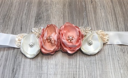 Hecho A Mano Nupcial Faja Cinturón Durazno ropa formal de maternidad Marfil  Satinado Flores | eBay
