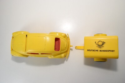 WADER Allemagne – Coccinelle VW Beetle Avec Remorque Deutsche Bundespost – Jouet Ancien