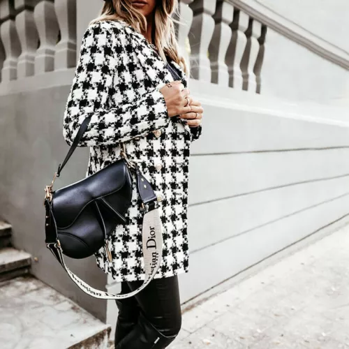 Women's Stylish Check Print Wool Blazer Coat Ladies Long Sleeve Collared Jacket - Picture 14 of 52