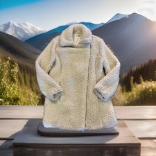 Woman's Cream Glamorous Asymmetrical Zip Faux Shearling Coat Size Medium