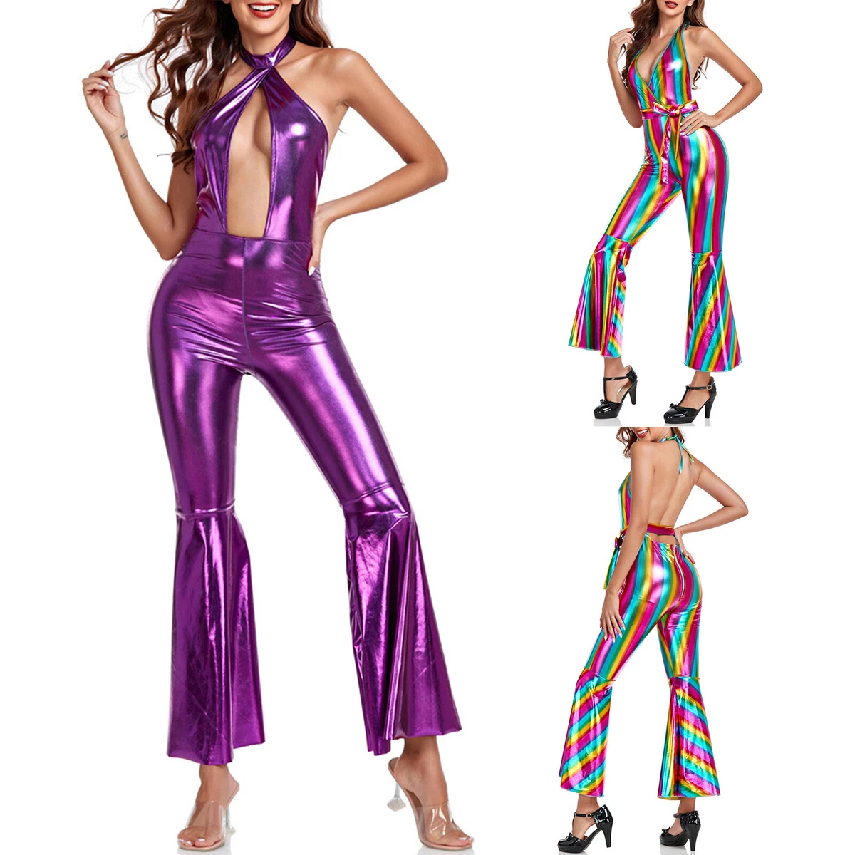 Womens Clubwear Deep V Neck 70s Disco Costume Performance Jumpsuit Halter  Shiny