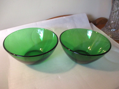 2 FOREST GREEN ARCOROC FRANCE GLASS 5" MIXING CEREAL BOWLS