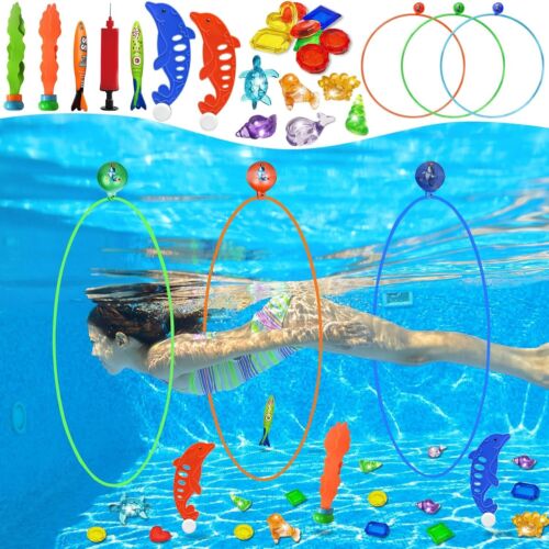 Pool Rings Diving Toys -26PCS Swimming Thru Pool Diving Game Toys with Dive Ring - Picture 1 of 8