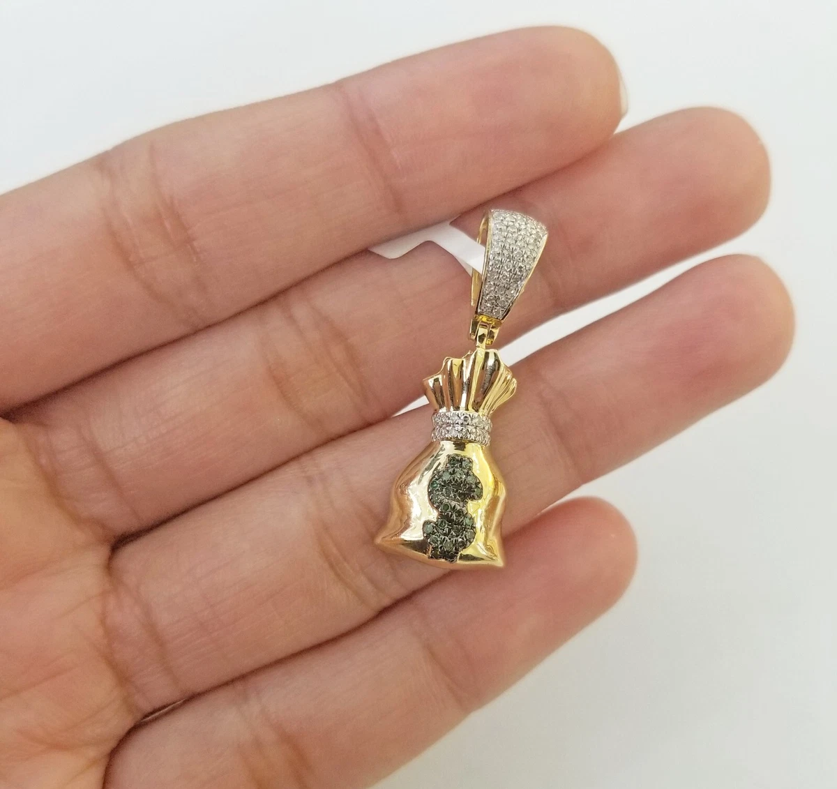 10k Yellow Gold Money Bag Charm Real Diamond Blue Dollar Sign