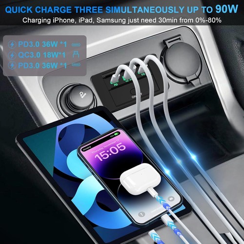 2PCS 3 Ports 12V RV Prise USB 90W, Double PD3.0 Type-C Charge Rapide 72W - Photo 10 sur 31