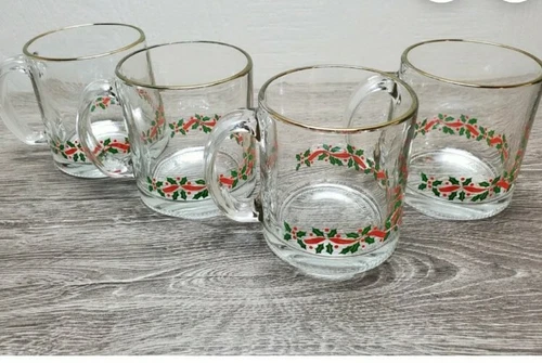 Set 4 Libbey Glass HOLLY RIBBON Holiday Christmas 🎄 Coffee Mugs * Gold Rim USA