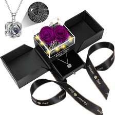 2 Preserved Real Rose with Heart I Love You Necklace- Eternal Rose Birthday Gift