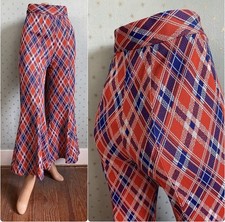 Vintage 1970s Blue  Orange Argyle Plaid Bellbottom Flare Pants