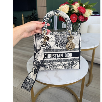 Christian Dior Lady D-Lite Toile De Jouy Medium Bag Black White Gold Hardware