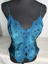 Vintage Victoria s Secret Gold Label Green Satin Button Up Lace Camisole Size S