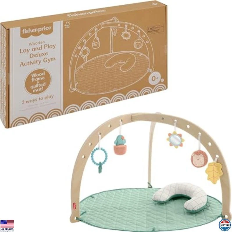 Fisher-Price Deluxe Wooden Baby Playmat & Activity Gym - Tummy Time Sensory Toys