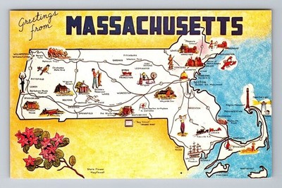 MA-Massachusetts, Scenic Map Greetings, Points of Interest Vintage Postcard
