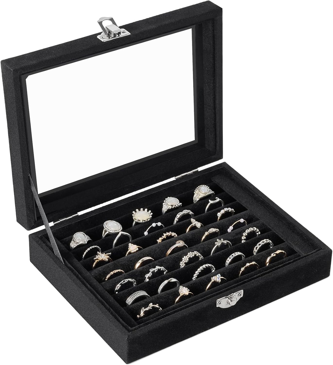 Velvet Ring Organizer Box, 7 Slots Jewelry Holder with Glass Lid Earring Display