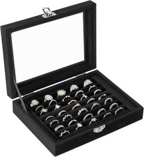 Velvet Ring Organizer Box, 7 Slots Jewelry Holder with Glass Lid Earring Display