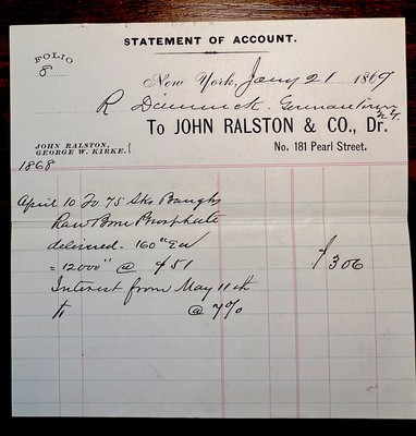 1869 New York Statement of Account   John Ralston & Co Pearl St
