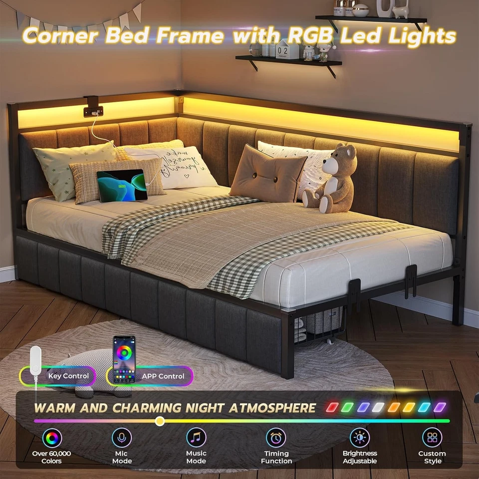 Marco de cama esquinero de sofá cama tamaño doble con luces LED, estación de carga, 2 cajones Foto 3 de 4