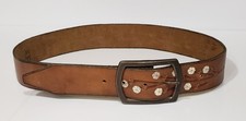 Ladies VINTAGE Leather Tooled Embossed Belt Painted Flowers Boho Hippie Buckle
