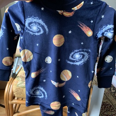 New 12 Months-Carters Baby 2 Pce Velour Set-Navy Background Stars And Planets