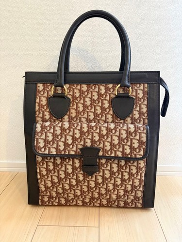 CHRISTIAN DIOR Trotter Canvas Leather Tote Shoulder Bag Brown Vintage From Japan