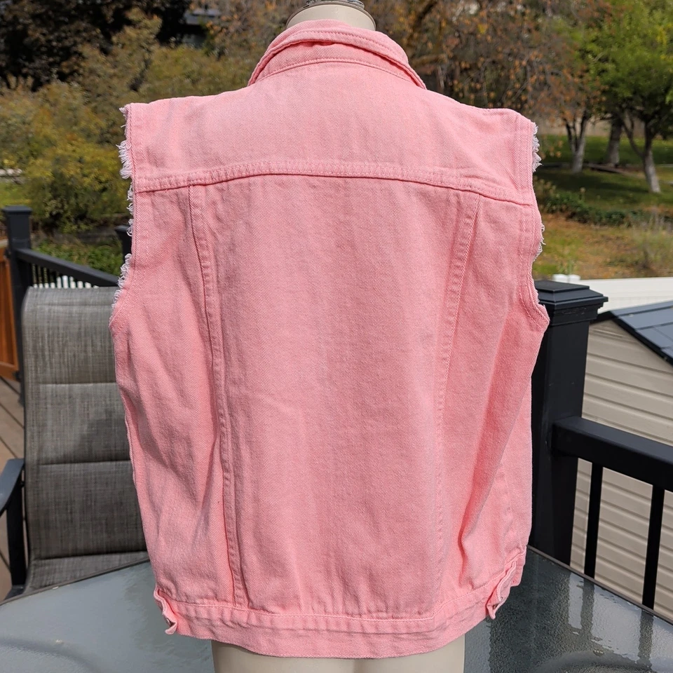 Chaleco de mezclilla para mujer XL rosa melocotón desgastado bolsillos abotonados mezcla de algodón Foto 3 de 4