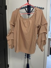 Beige Solid Ruffle Long Sleeve Round Neck Pullover Women's Blouse
