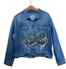 Old Navy Womens Jean Jacket Sz XL Blue Denim Trucker UPCYCLED OOAK Hand-Painted