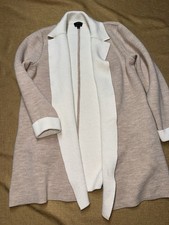 Talbots Merino Wool Open Front Jacket Contrast Trim Beige White Lightweight L