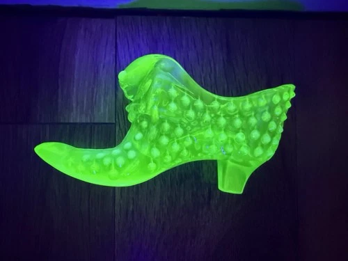 Antique Fenton Uranium Glass Cat Head Green Hobnail Opalescent Slipper - Bright!