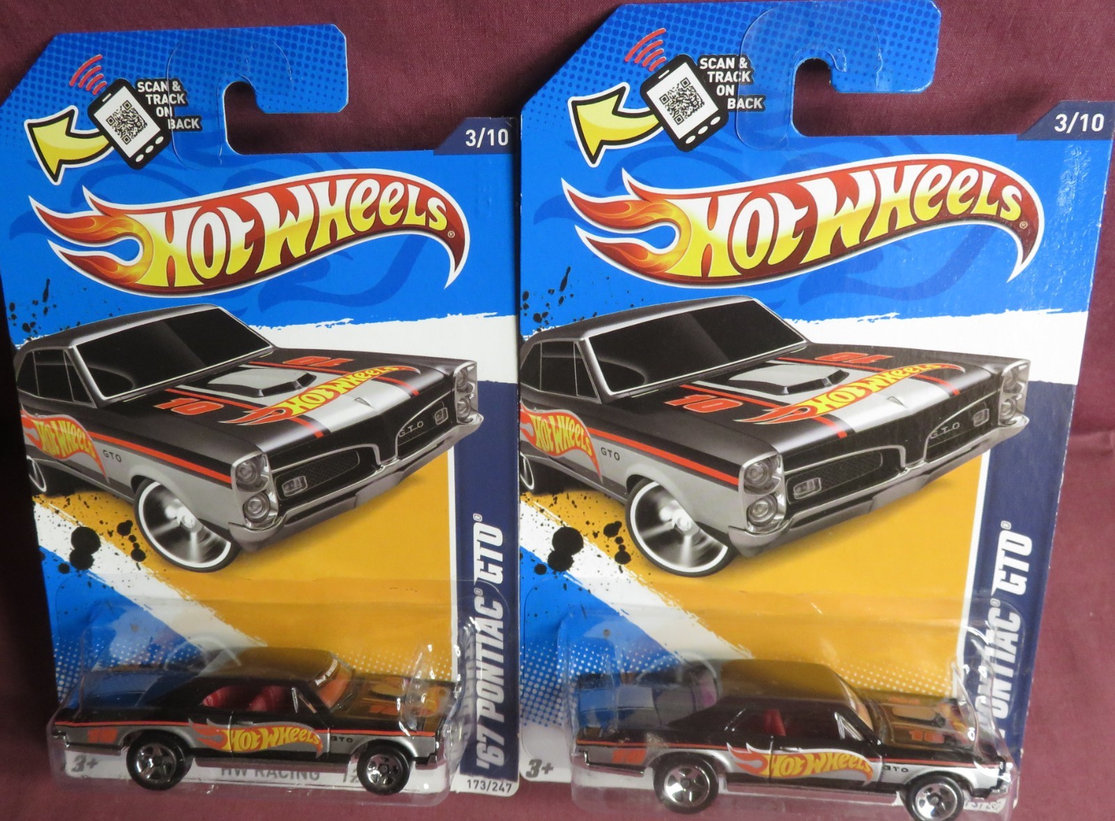 1967 BLACK PONTIAC GTO,  1/64 2012 HOT WHEELS RACING, WALMART EXCLUSIVE,  2 CARS