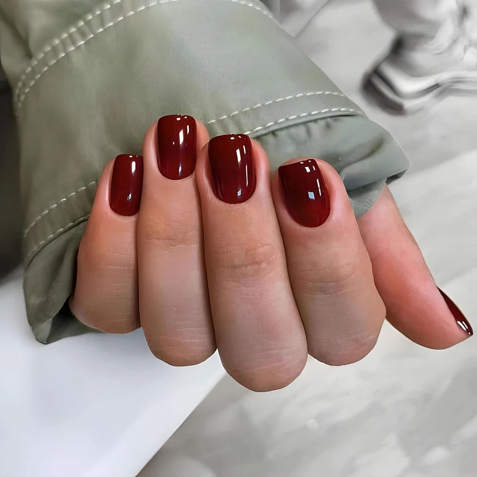 32Pcs Unghie Finte Rosse Natale Corte Quadrate Adesive Gel Nail Stickers Copertu - Immagine 4 di 4