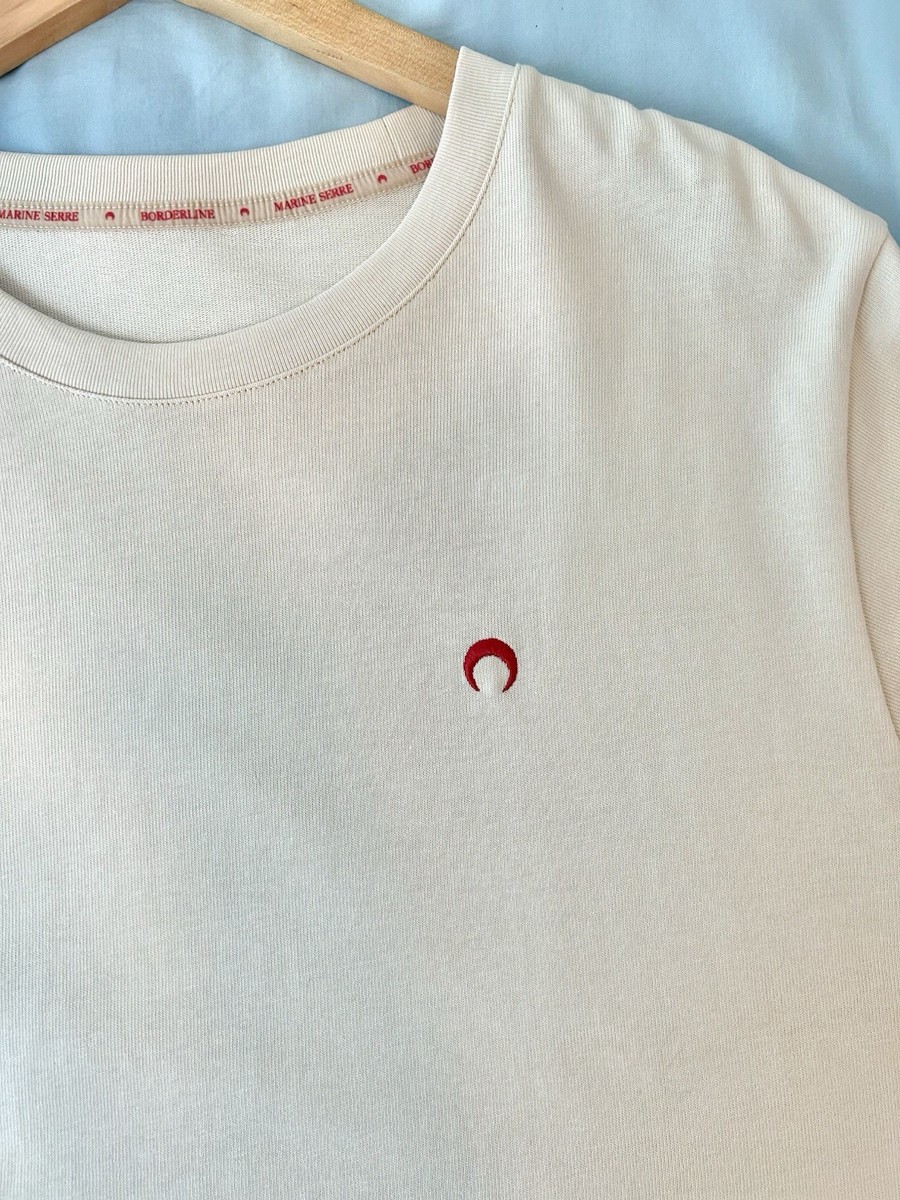 Marine Serre Borderline Men's XL Cream Red Moon Embroidered Logo T-Shirt View 3