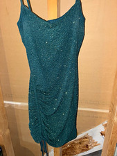 Green Sequin Ruched Cowl Neck Bodycon Mini Dress Spaghetti Strap Size S