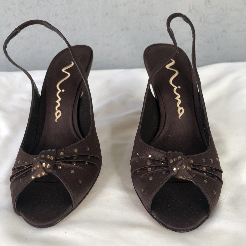 Zapatos Nina para mujer talla 5,5 marrón satinado con cordones punta abierta tacones lazo suela de cuero Foto 2 de 4