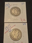 2 Nice Vg Vintage 1915 D Silver Barber Quarter Dollar Coins