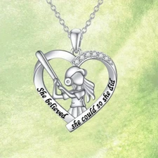 Softball Baseball Heart Jeweled Necklace Jewelry Sports Athletic Fitness Pendant