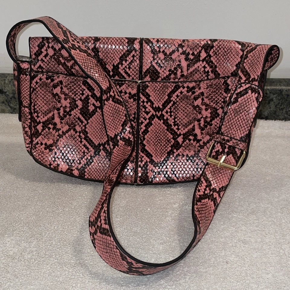 LONDON FOG Bolso de Mano Rosa Negro PIEL DE SERPIENTE Patrón Bolso de Hombro Cartera Foto 2 de 4
