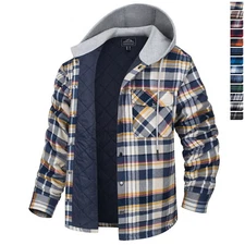 Men's Flannel Plaid Shirt Jacket Fully Quilted Padded Hoodie Winter Casual Coat
