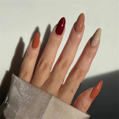 Almond Short False Nail Mixed Colors Autumn Press on Nails for Nail Art  24pcs - Main Image