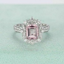 Baby Pink Emerald Cut Cubic Zirconia Engagement Wedding Ring In Solid 925 Silver