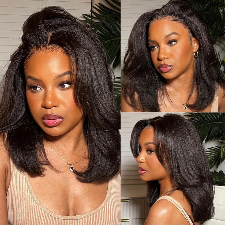 UNice Peruvian Yaki Straight Bob Wig Pre Cut Lace Front Human Hair Wigs Glueless - Image 3 of 4