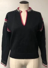 LL BEAN VINTAGE BLACK W WHITE & PINK TRIM SKI APRIS SKI 100% WOOL SWEATER SZ LM