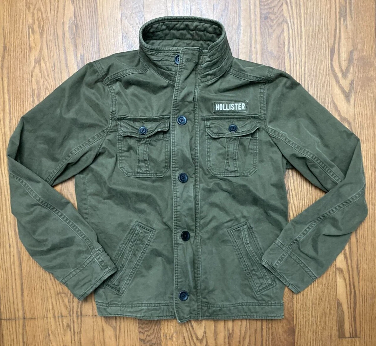 Hollister Military Style Jacket Full Zip Distressed Green Twill