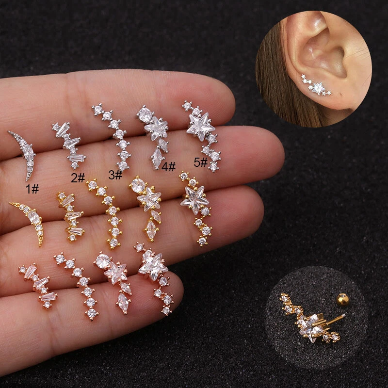 Buy 2pcs 16G Clear Crystal Moon Upper Cartilage Earrings Ear Studs Helix  Auricle Lobe Piercing Online at desertcartINDIA