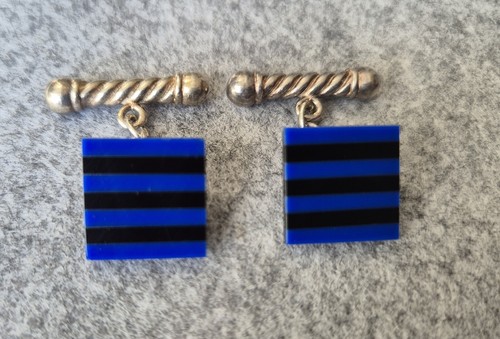 Sterling Sliver Cufflinks With Blue Enamel English Hallmarks EP England - Picture 3 of 9