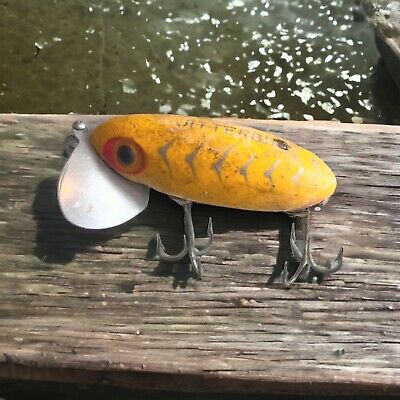Vintage Fred Arbogast Jitterbug Fishing Lure Yellow with Silver Ribs 2 1/4  
