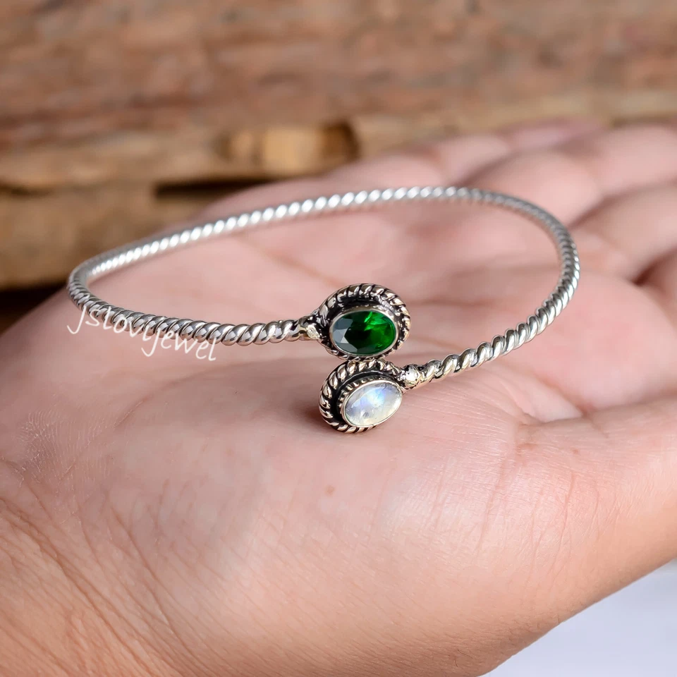 Браслет из стерлингового серебра 925 пробы с драгоценными камнями диопсидом и лунным камнем хром подарок на любовь - Изображение 4 из 4