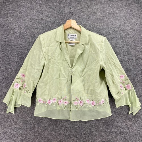 Plaza South Blazer Women PS Petite Green Floral Collared Button Up Long Sleeve
