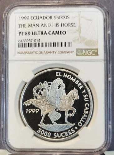 1999 ECUADOR SILVER 5000 SUCRES MAN AND HIS HORSE NGC PF 69 ULTRA CAMEO RARE